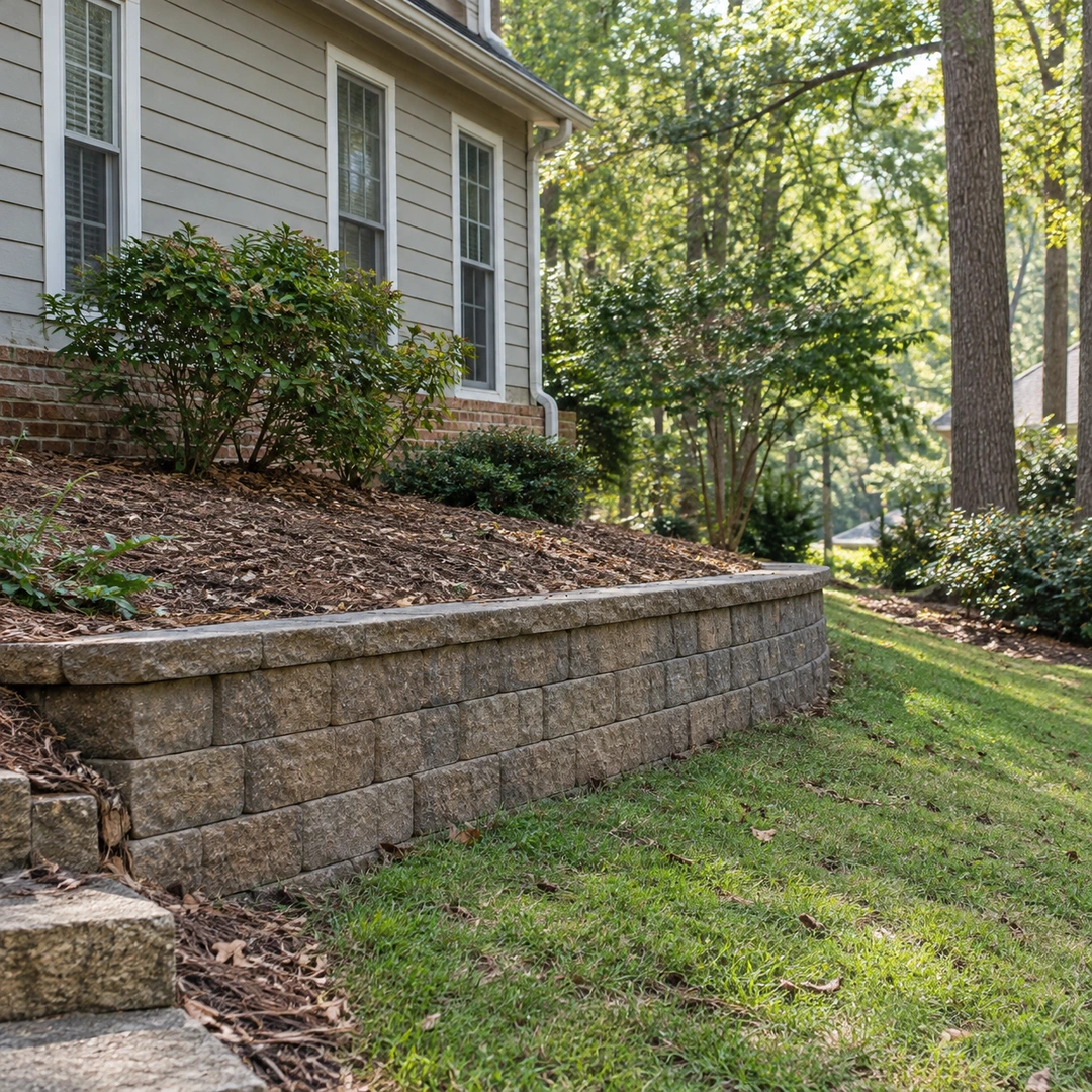 Curved block wall supporting a modest residential yard slope