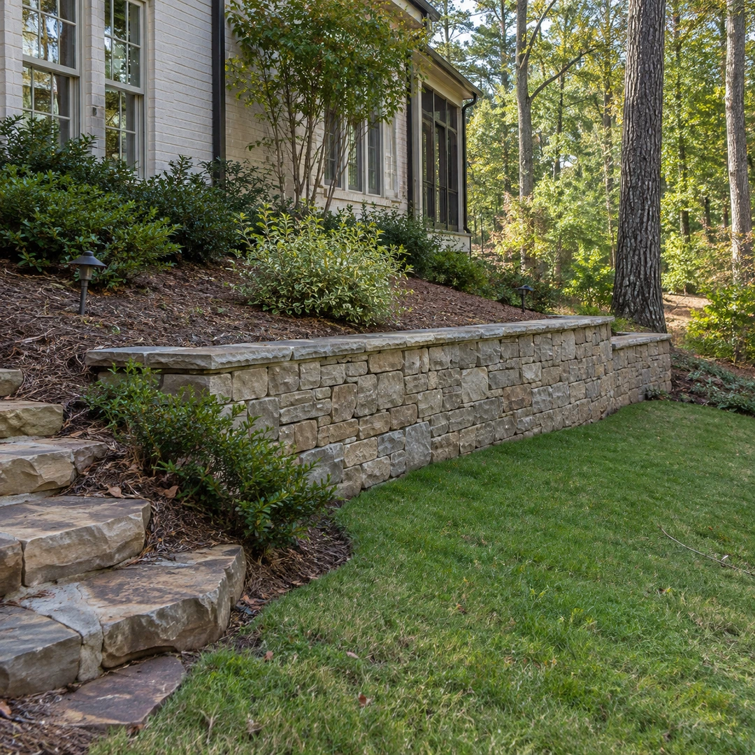 Stone steps beside a retaining wall and sloped lawn