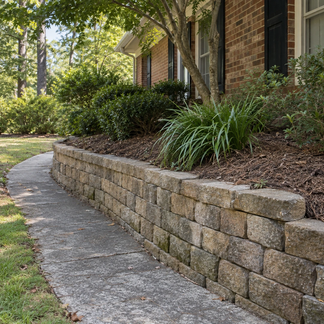 Modest retaining wall beside a worn residential walkway