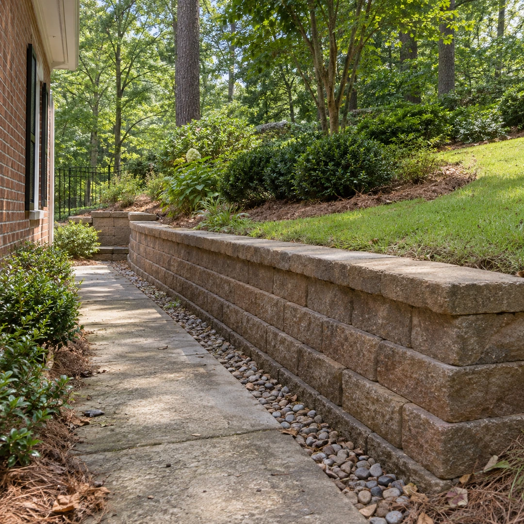 Retaining wall supporting a raised garden beside a house