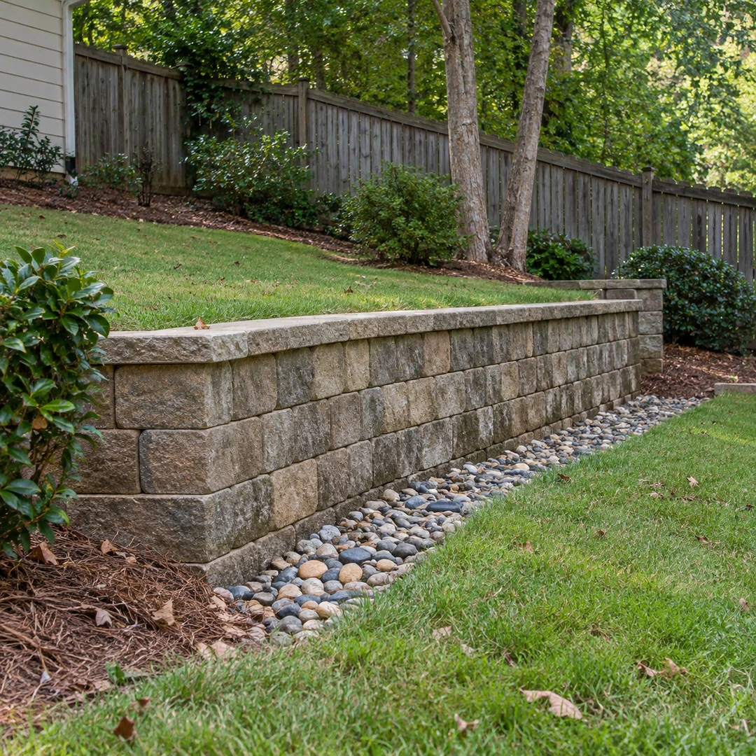 Small drainage outlet and gravel below a residential retaining wall