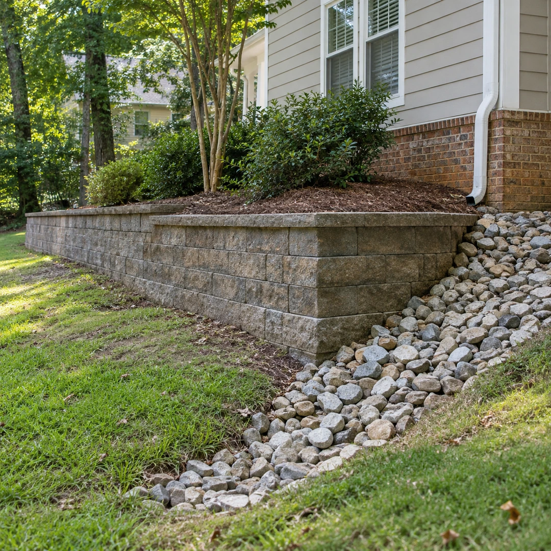 Gravel drainage detail beside a residential retaining wall
