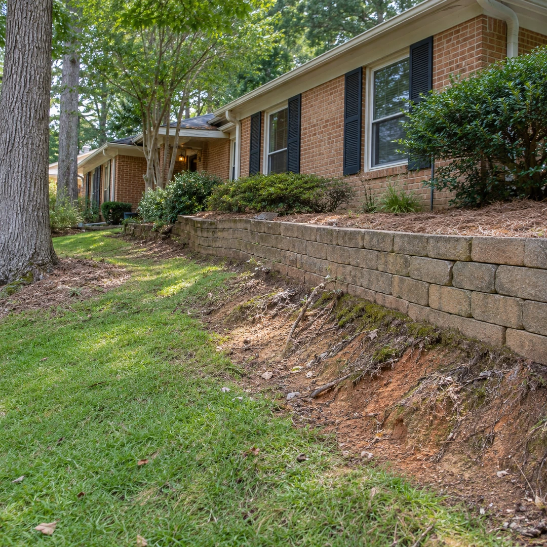Exposed soil and roots below a residential retaining wall