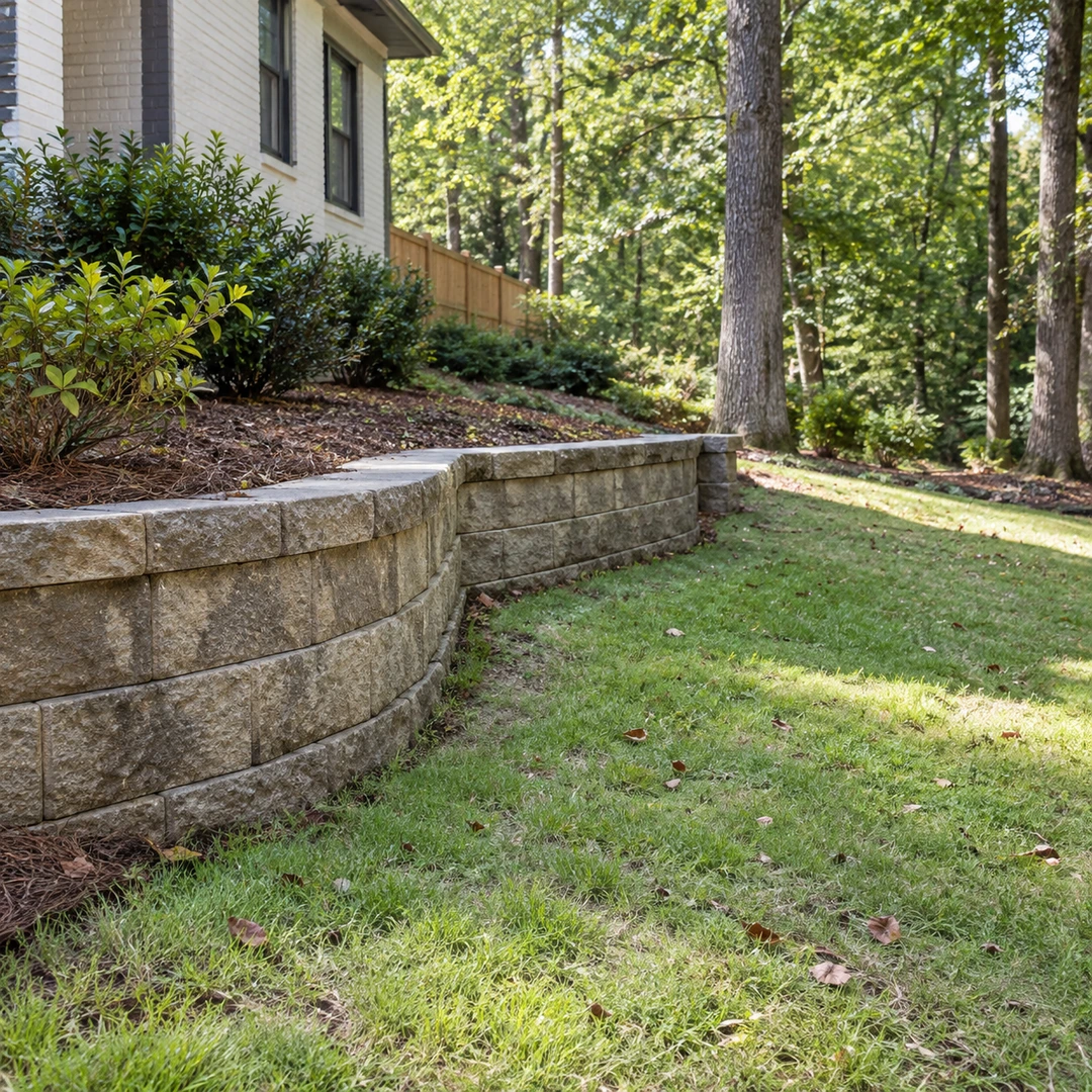 Modest retaining wall beside a sloping residential lawn