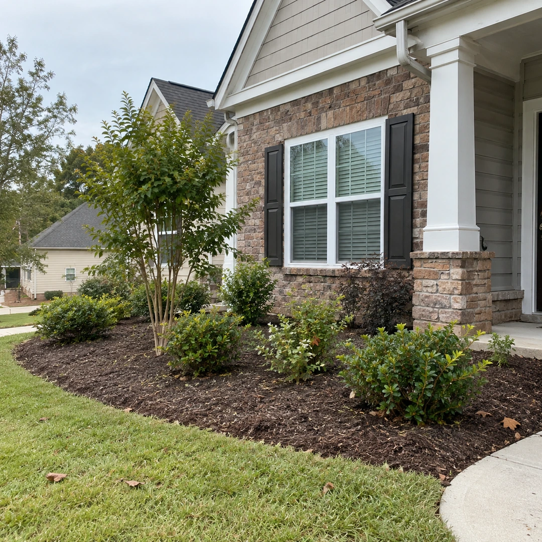 A modest newly planted residential flower bed with young shrubs and naturally irregular soil edges