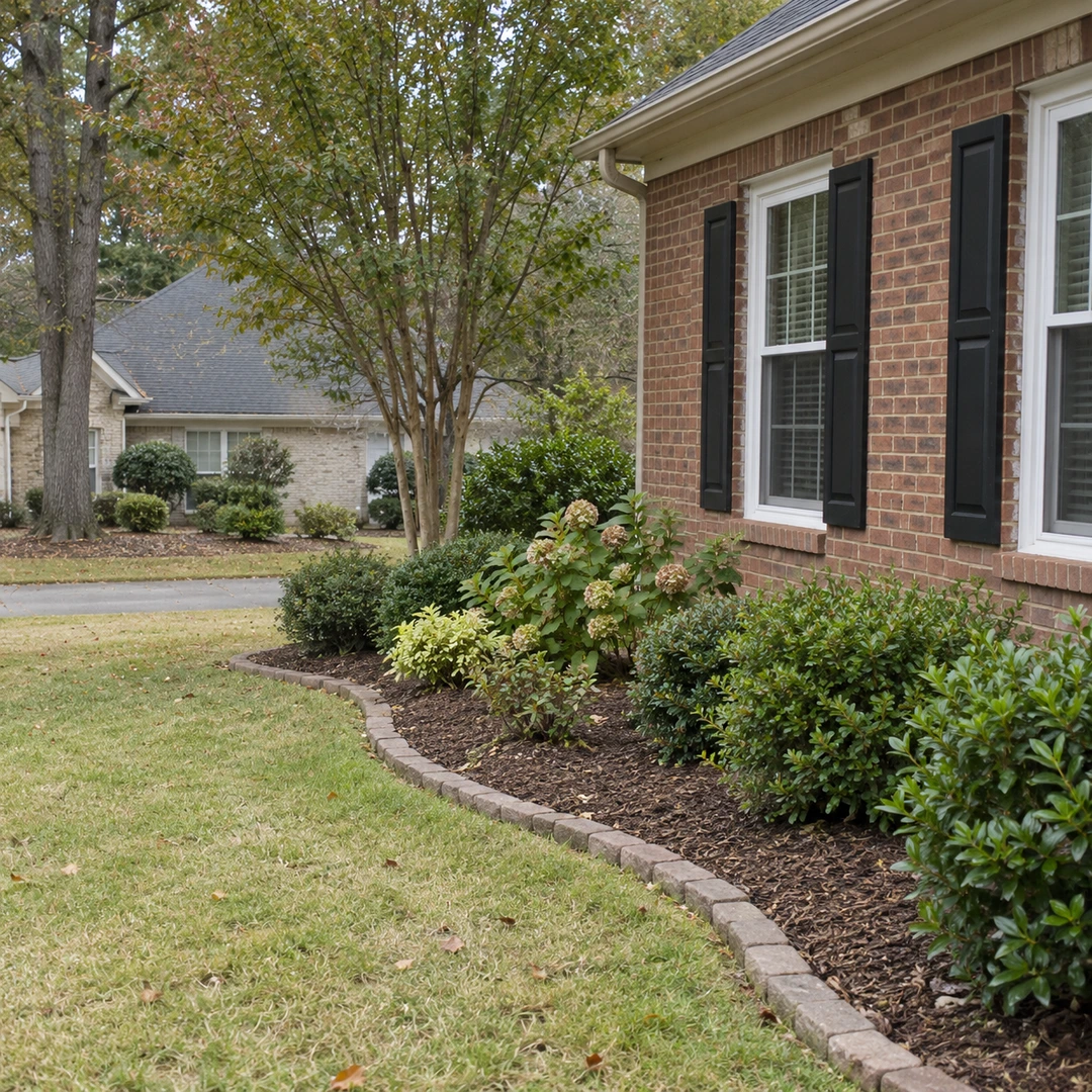 Ordinary established flower beds beside a modest residential brick home with natural mixed grass