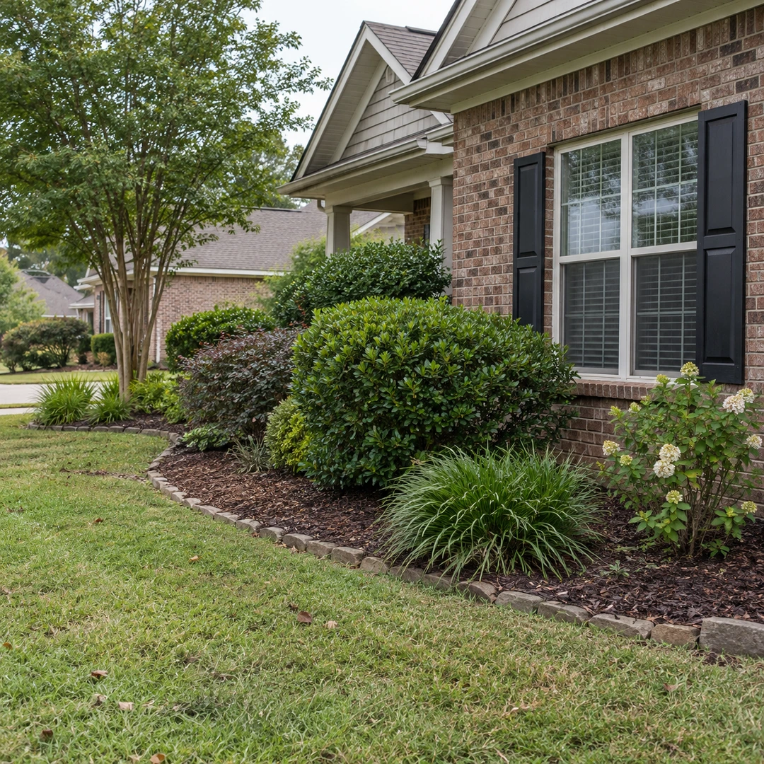 Ordinary established flower beds beside a modest residential brick home with natural mixed grass