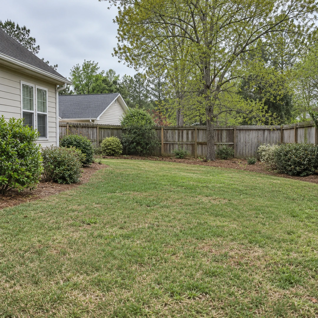 An ordinary residential backyard with practical lawn, modest shrubs and a weathered wooden fence