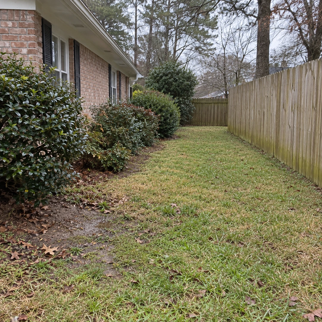 Ordinary residential side yard between a brick home and a weathered wooden fence