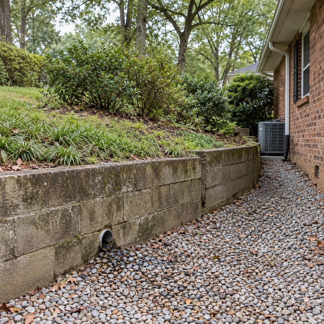 Weathered block retaining wall with a small drainage outlet beside a brick home