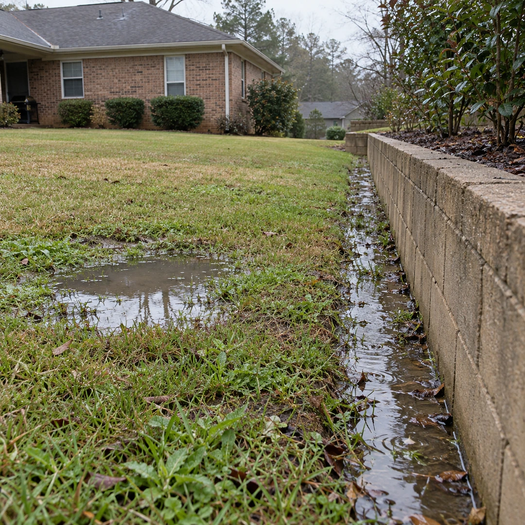 Water pooled in a residential lawn alongside a low retaining wall after rain