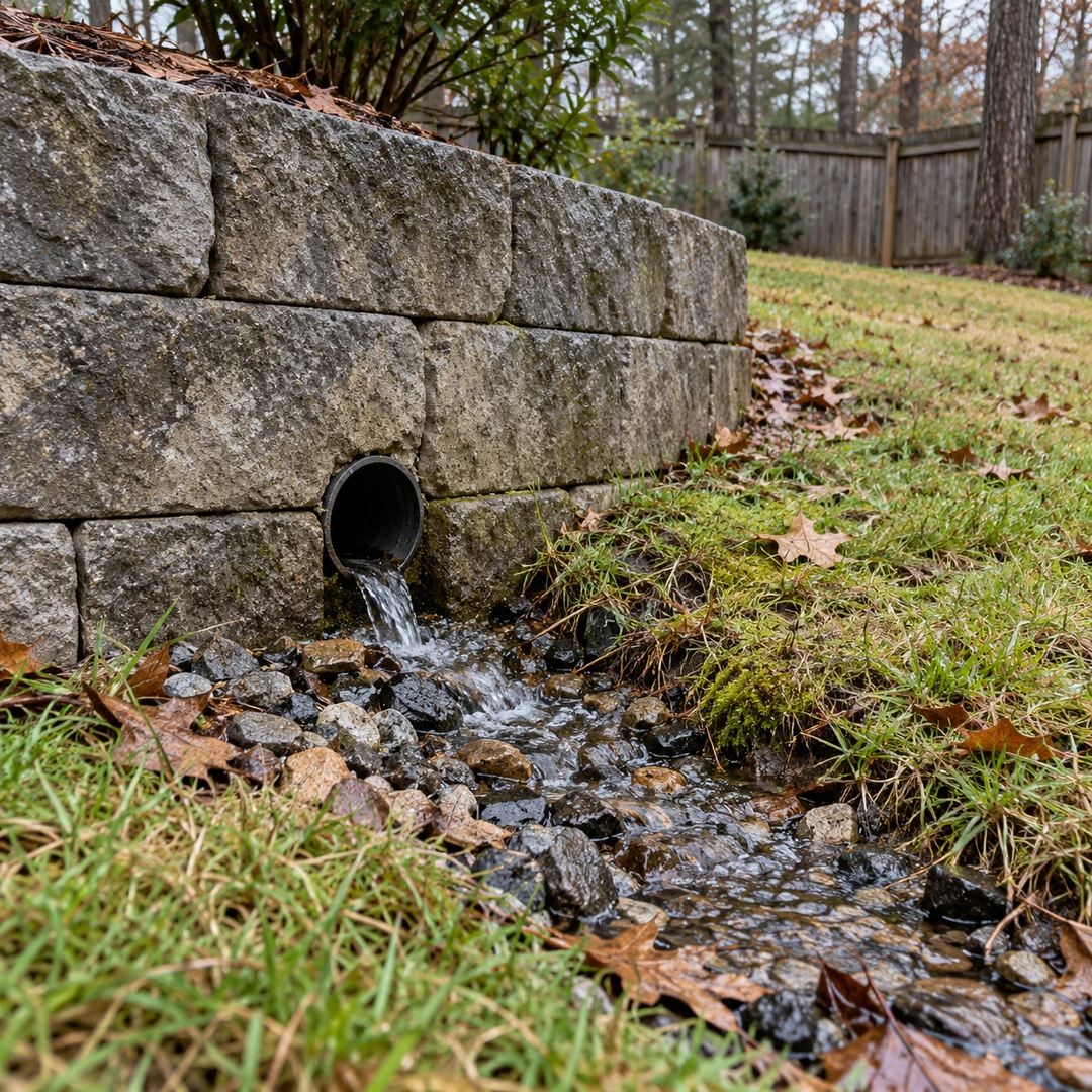 Water flowing from a retaining wall outlet onto a shallow gravel channel