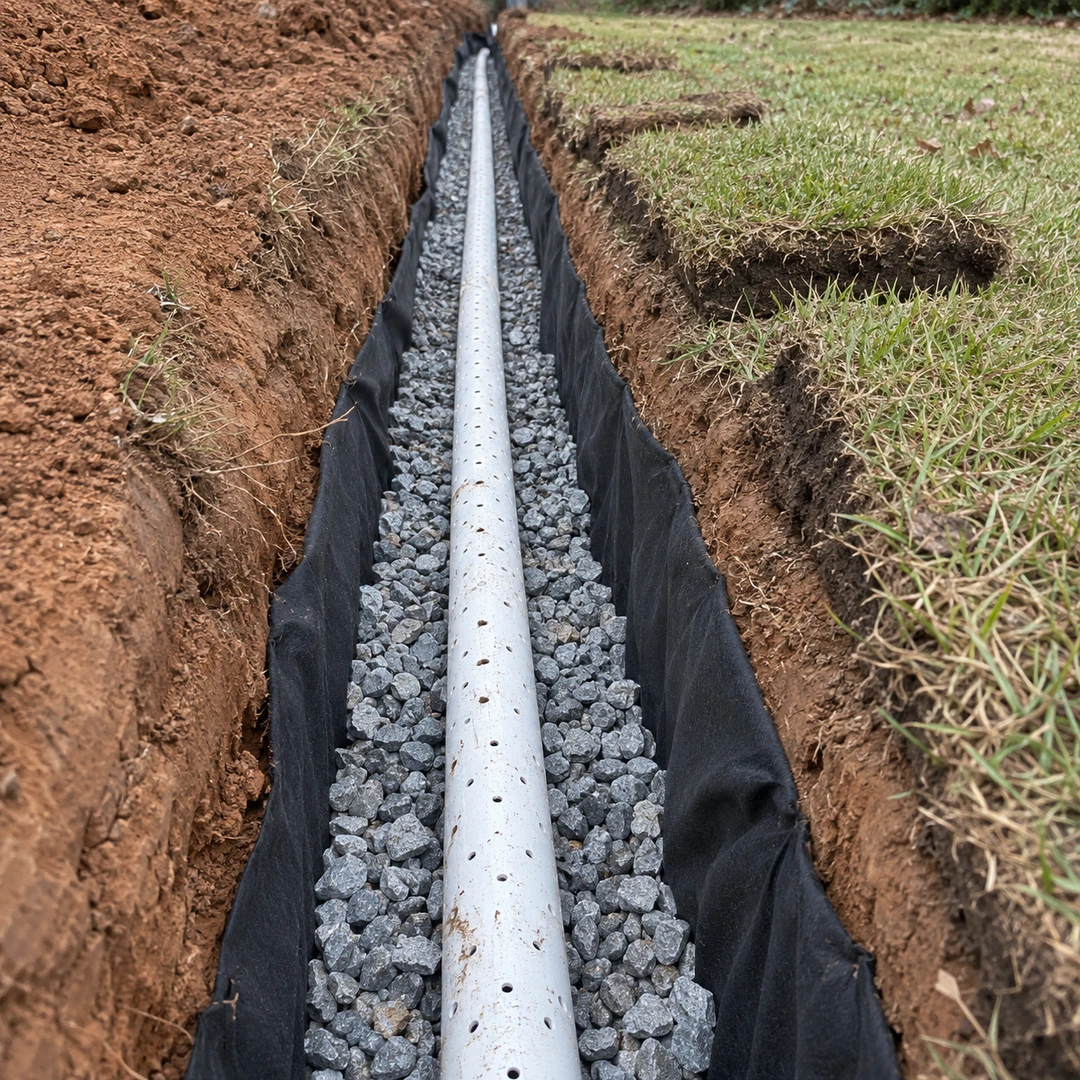 White perforated drain pipe on gravel inside a fabric lined soil trench