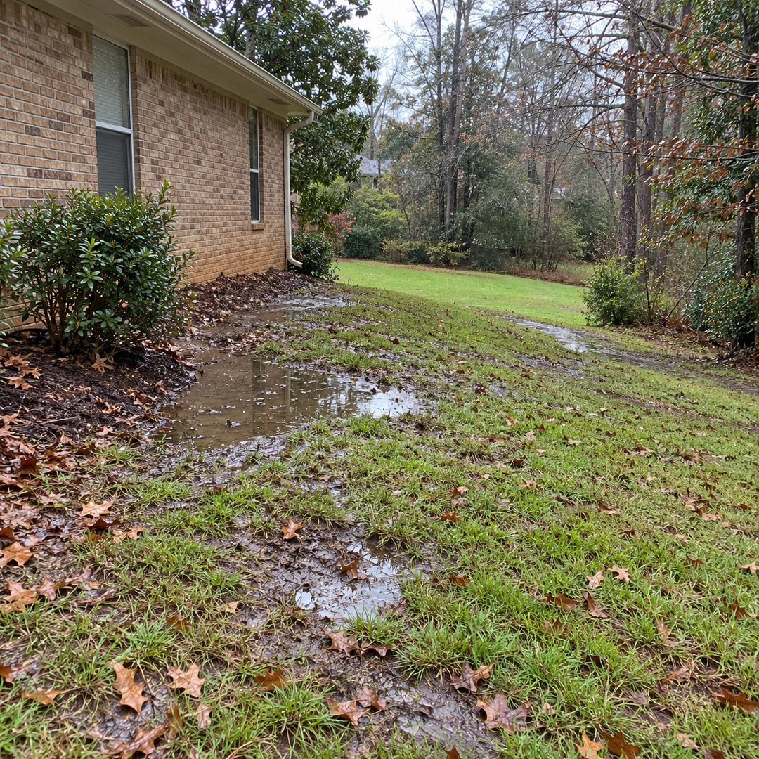 Wet uneven grass beside a brick home with shallow pooling water after rain