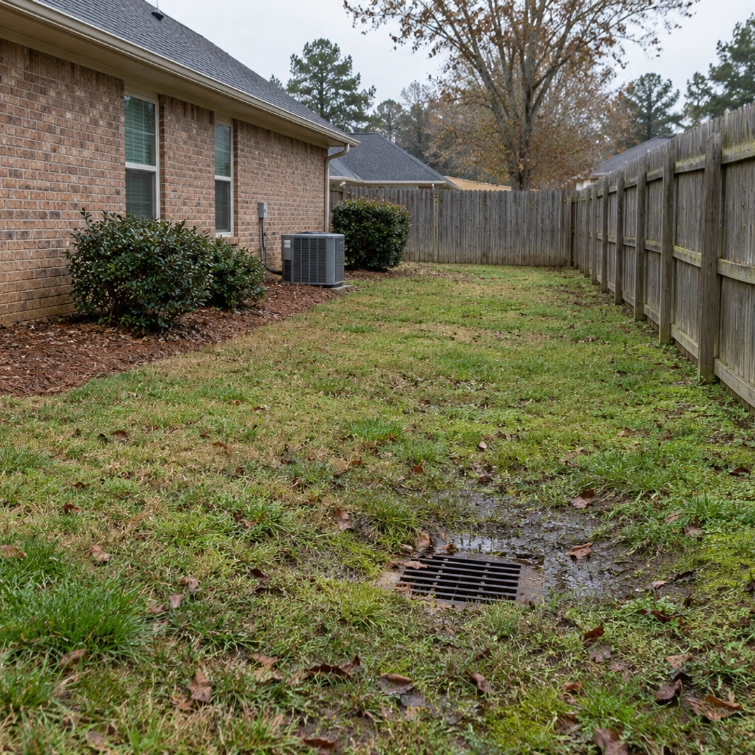 Small drainage grate in a damp side yard beside a brick home and wooden fence