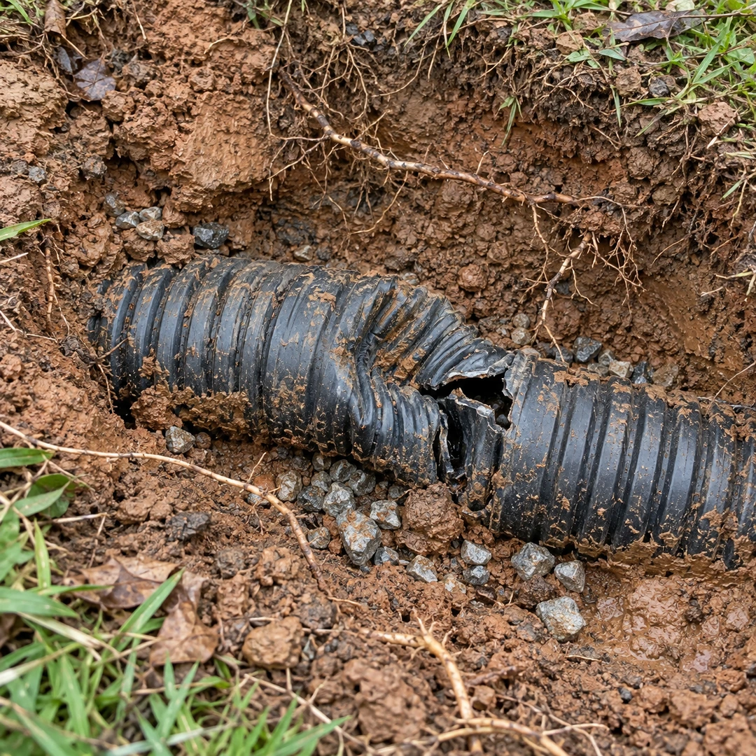 Crushed corrugated drainage pipe with a torn section exposed in a shallow excavation