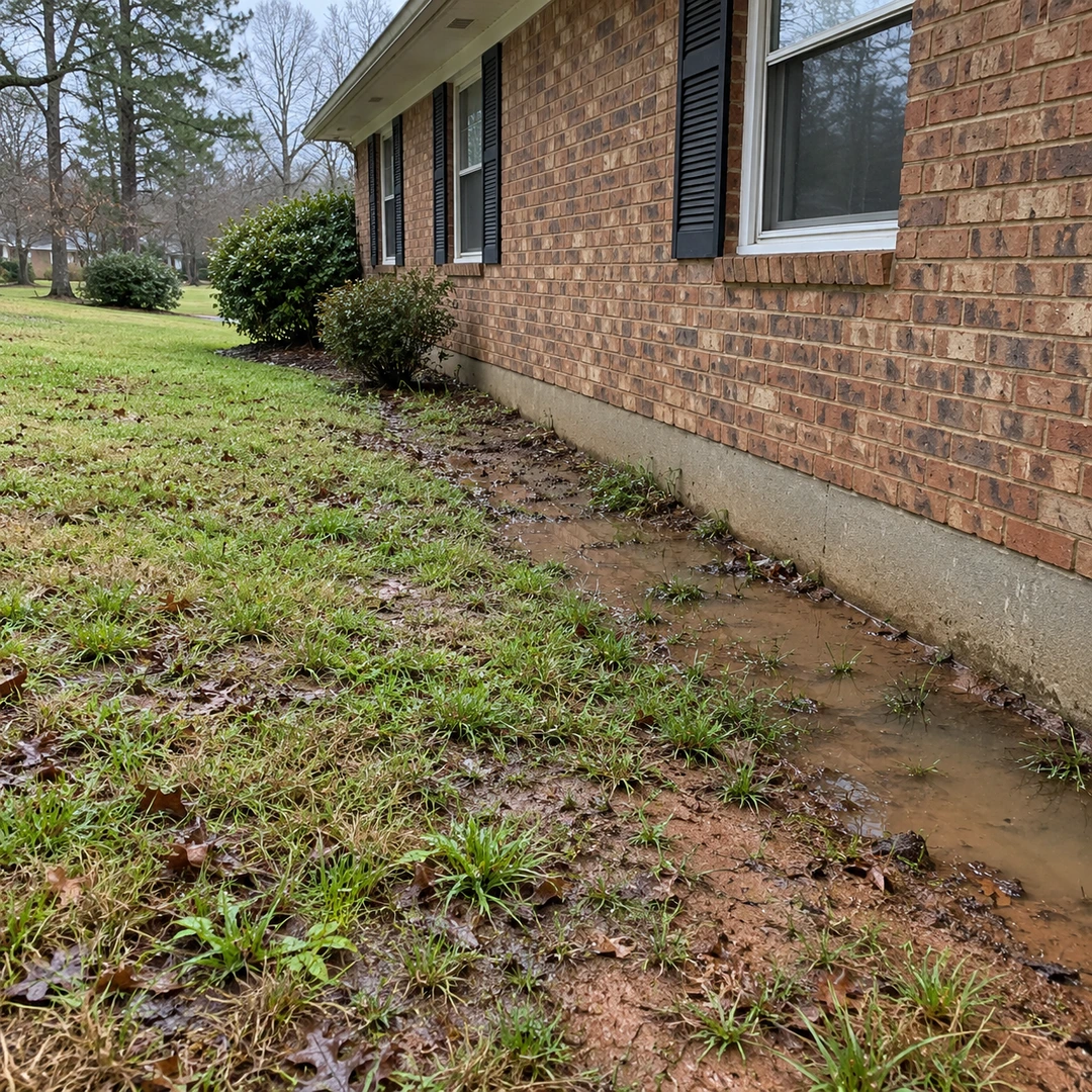 Shallow rainwater pooled beside the visible foundation of a brick home