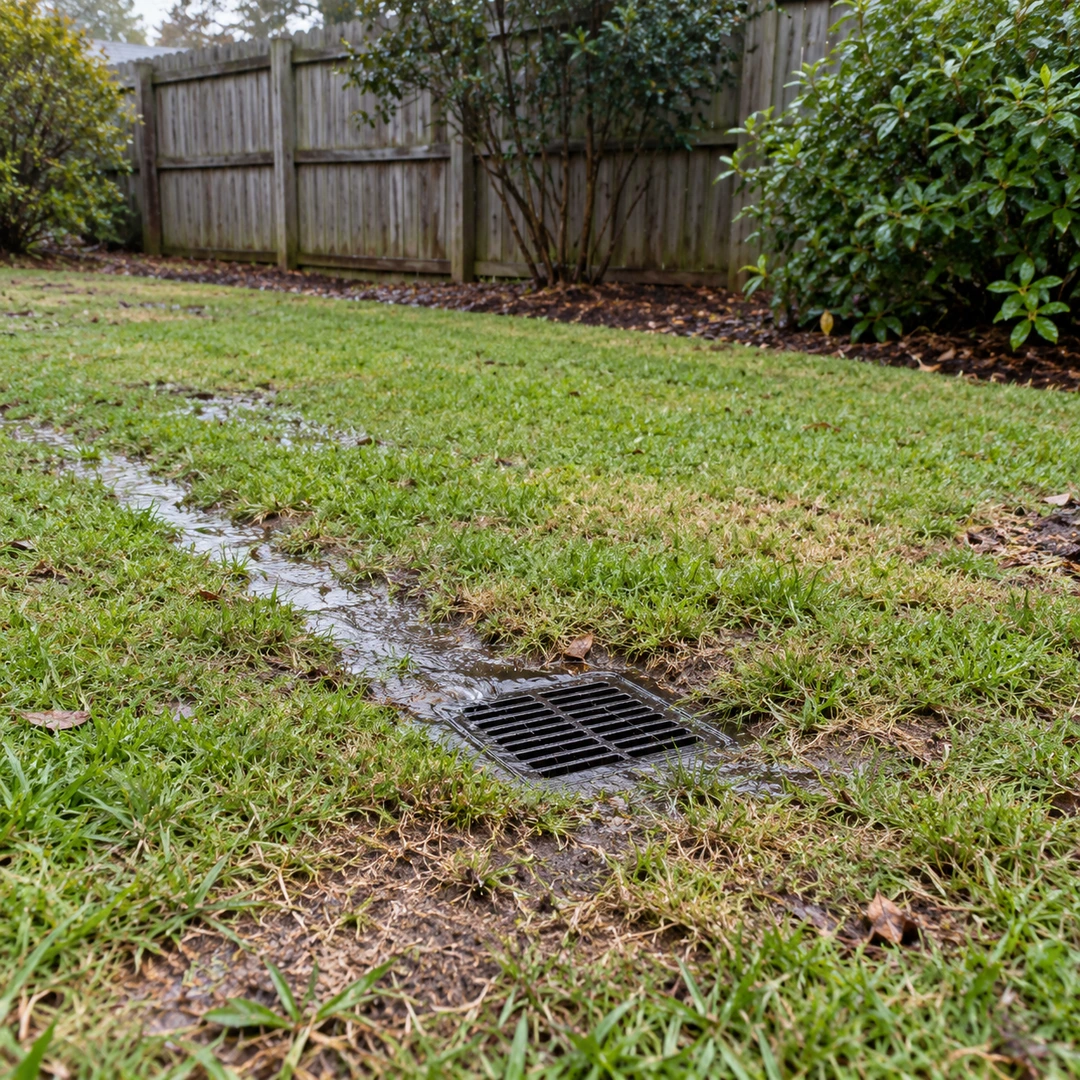 Surface water flowing toward a flush drainage grate in a residential yard