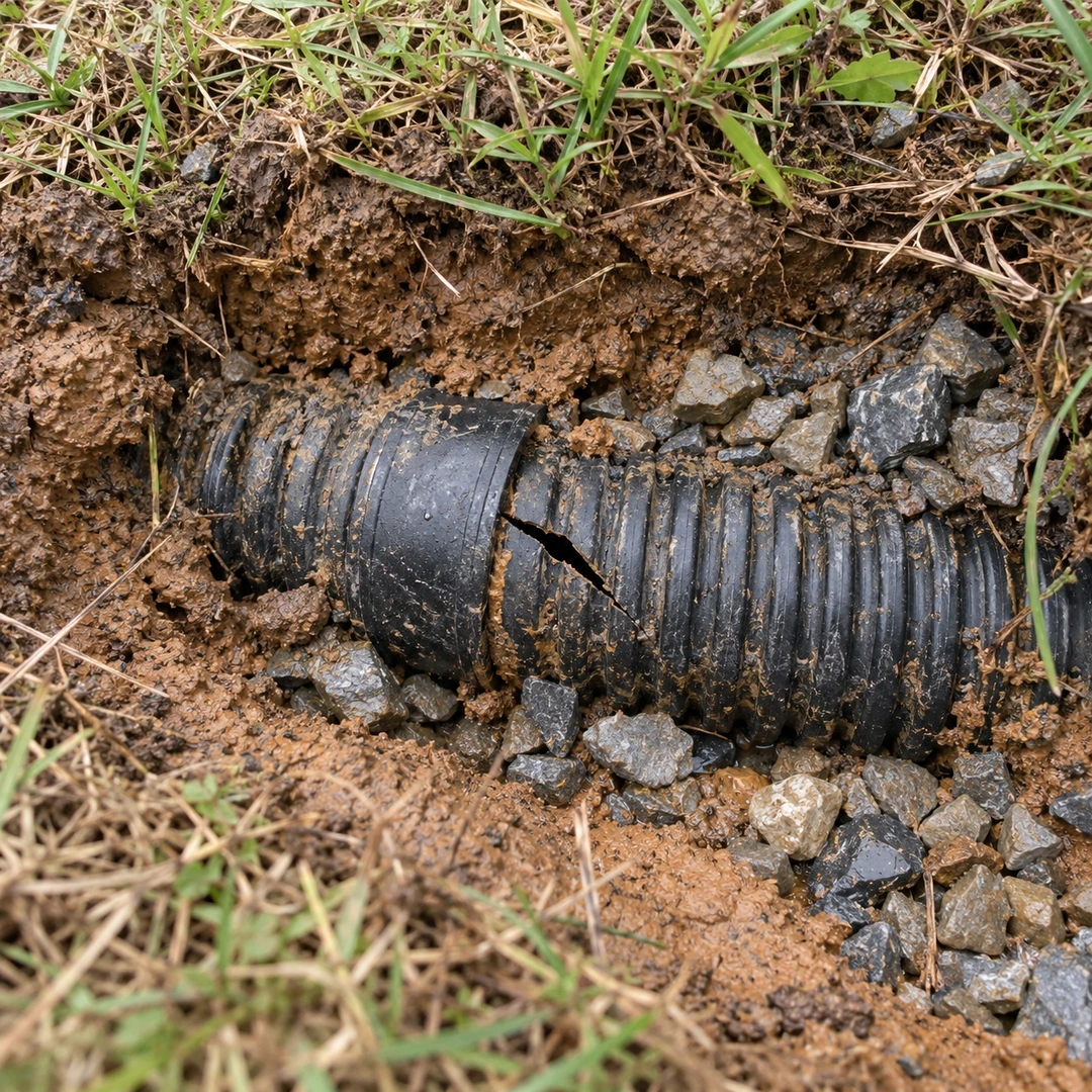 Exposed corrugated drainage pipe with a split beside a coupling in damp soil