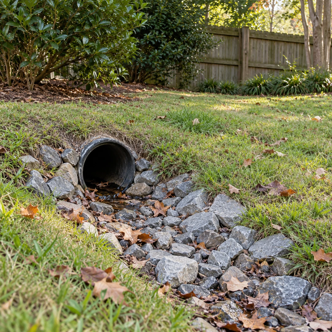 Landscape drain outlet opening onto a gravel channel in a residential lawn
