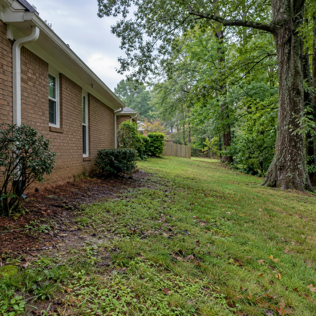 Damp uneven side lawn beside a modest brick home and mature tree