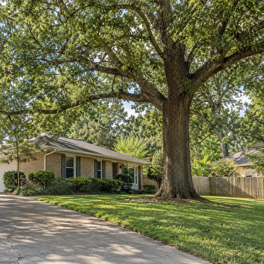 Mature oak with a full natural canopy beside a residential driveway and ranch house