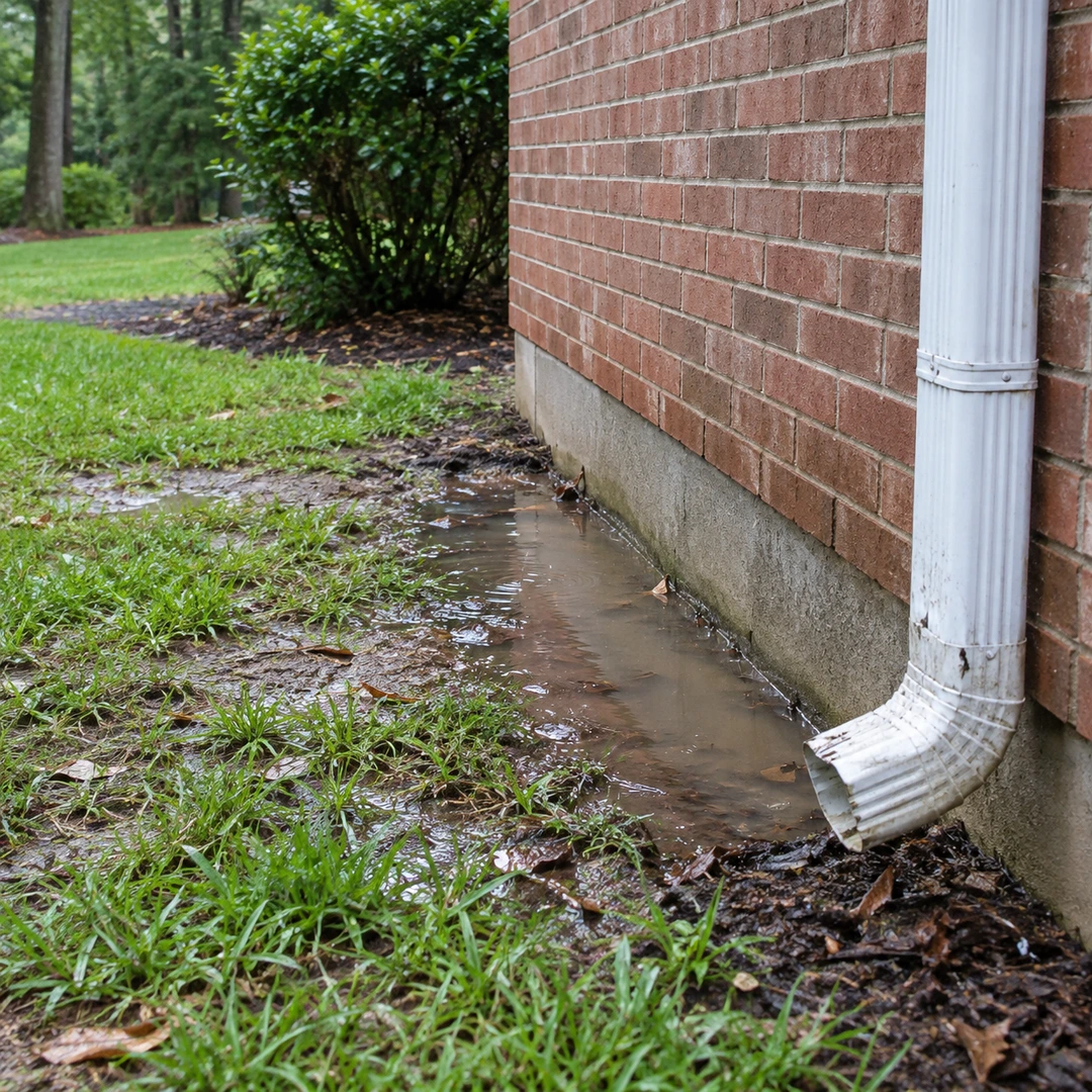 Rainwater pooled beside a brick foundation and white gutter downspout