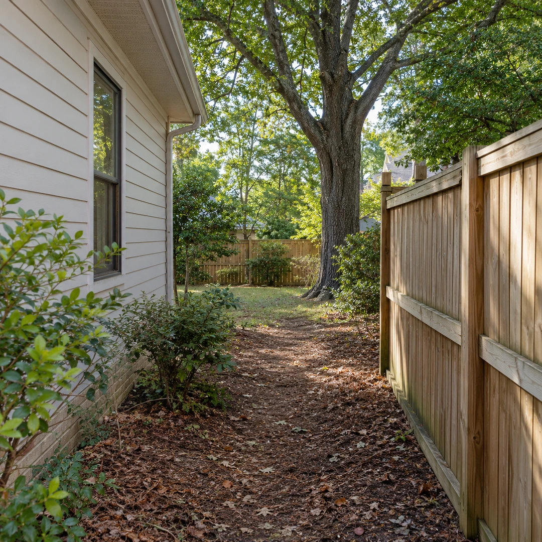 Narrow access path between a house and wooden fence leading to a mature backyard tree