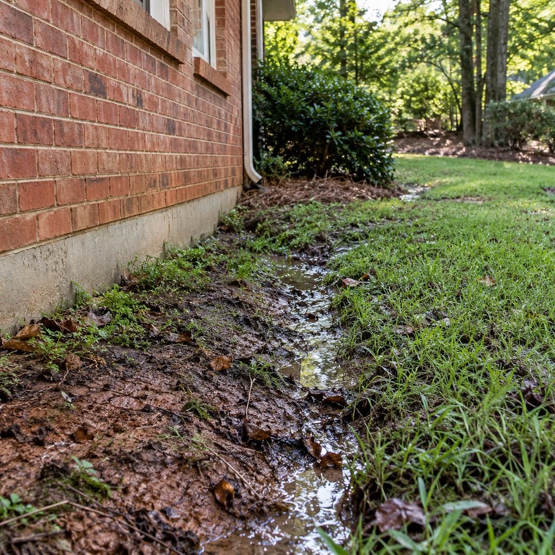 Shallow surface water beside an intact brick house foundation