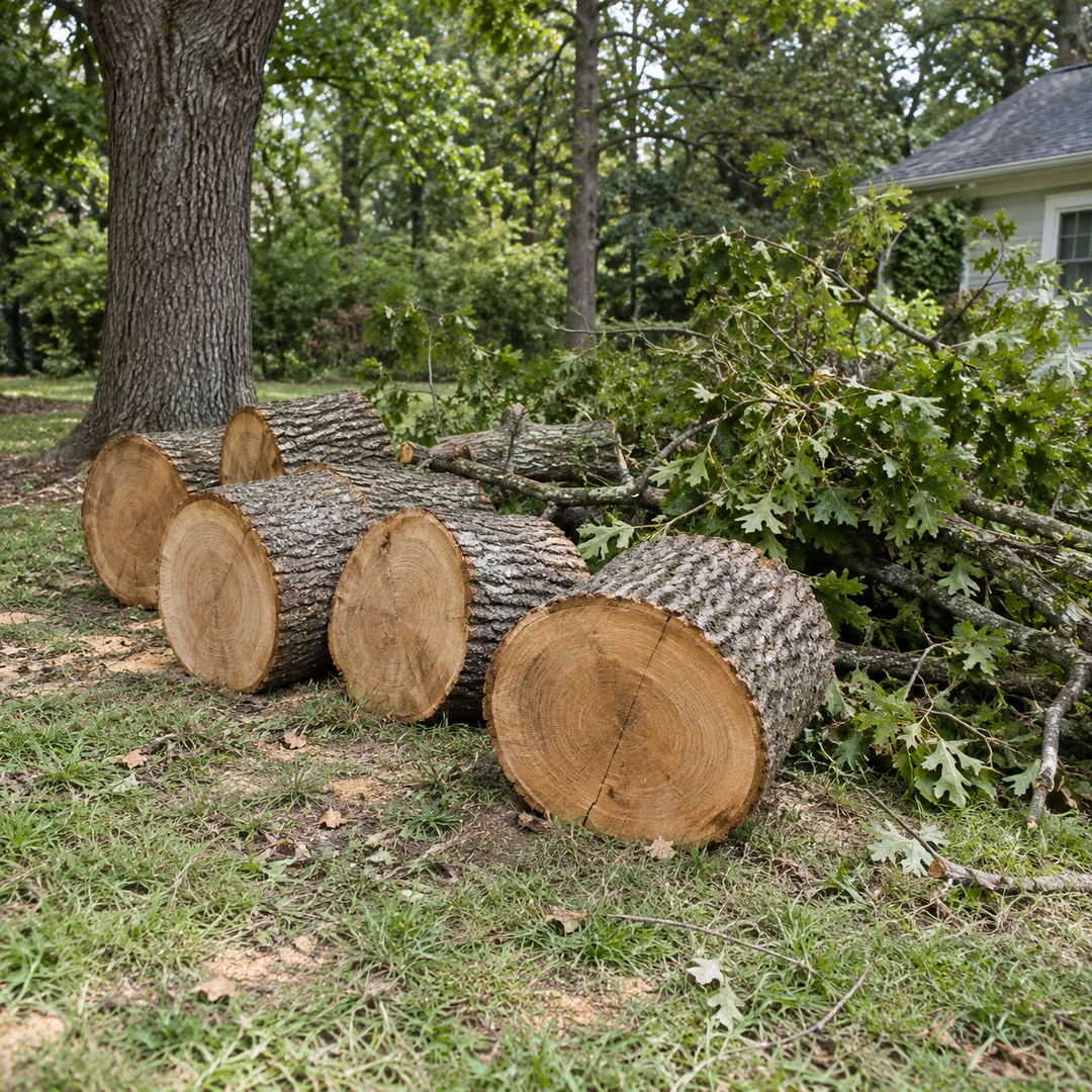 Freshly cut oak rounds and leafy branches gathered at the edge of a residential lawn