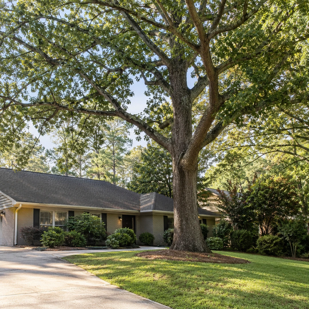 Healthy mature oak over a residential lawn and driveway beside a ranch house