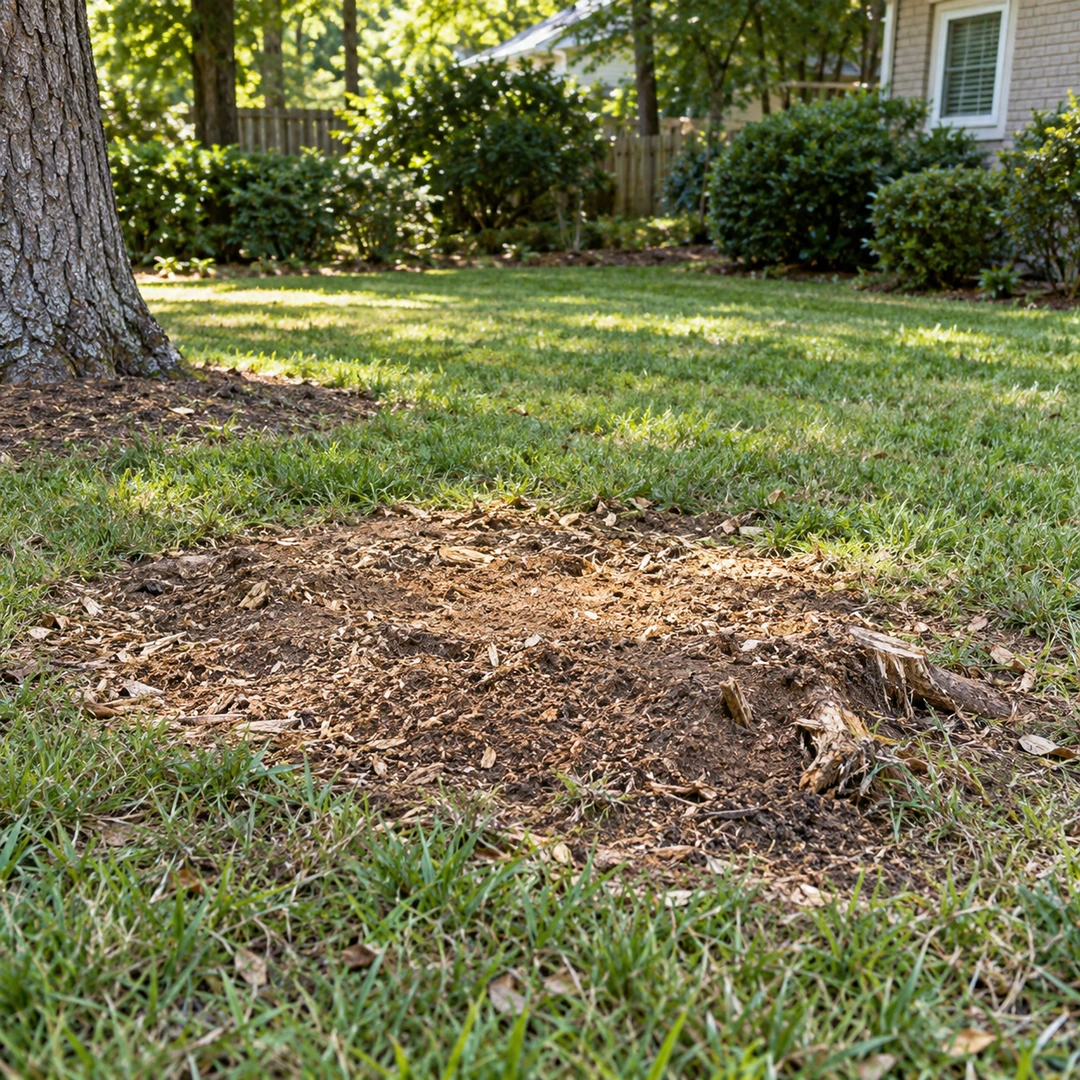 Small former stump area with loose soil and wood chips surrounded by grass