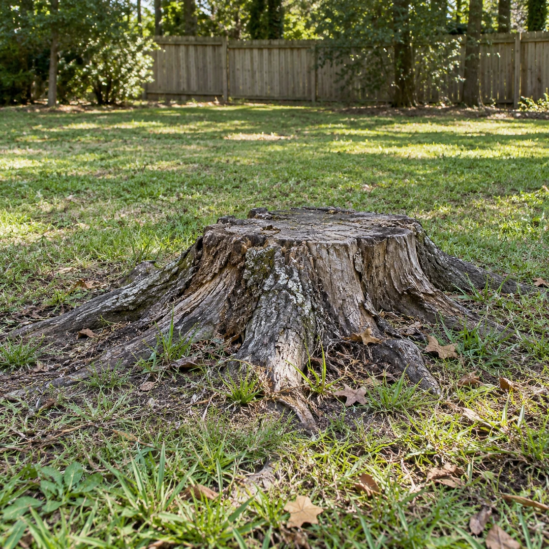 Weathered low stump with exposed roots in a patchy residential lawn