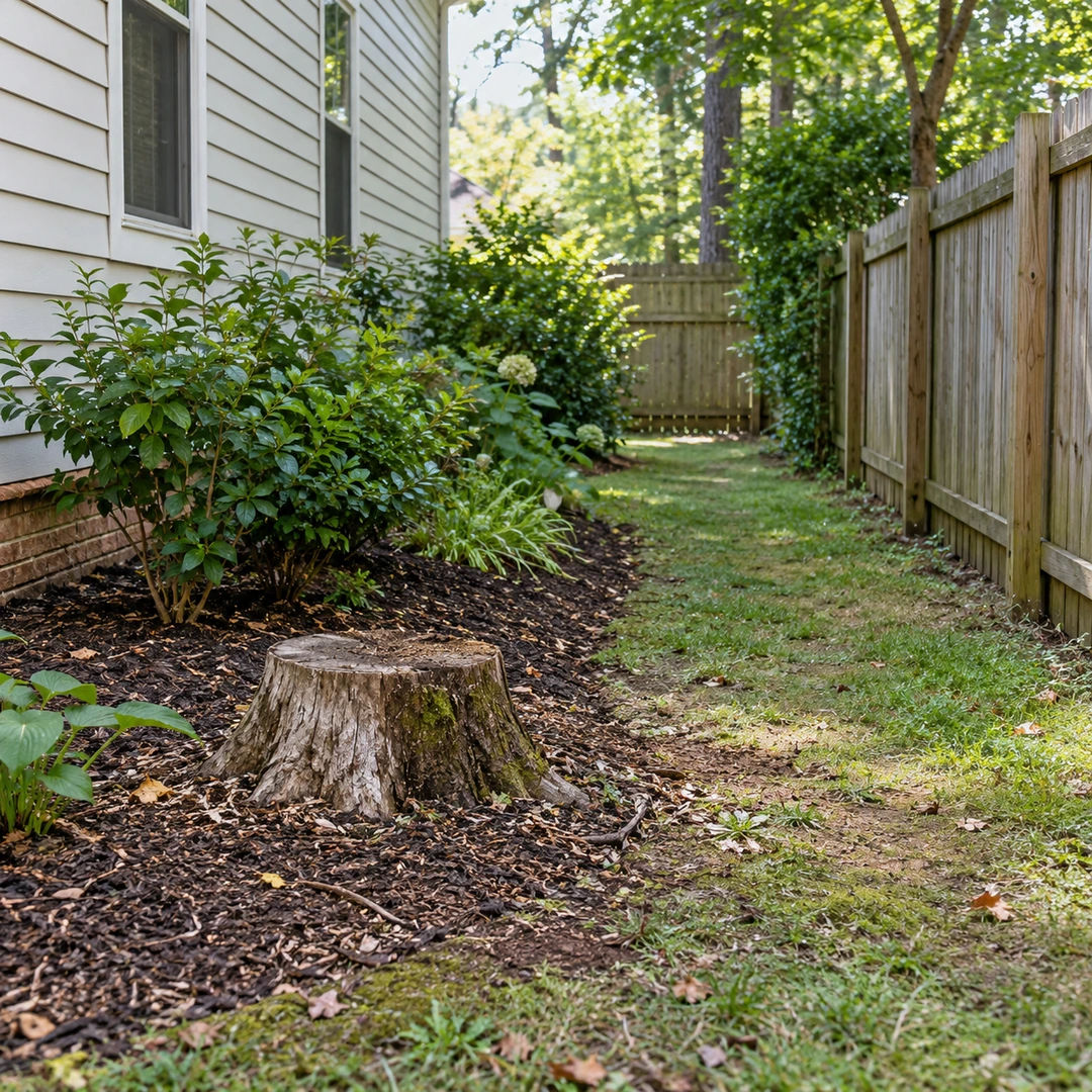 Old stump beside a garden bed and narrow residential side yard access path