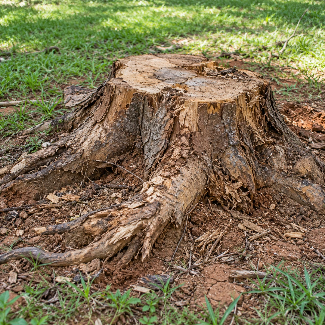 Irregular stump root flare exposed at ground level in soil and grass