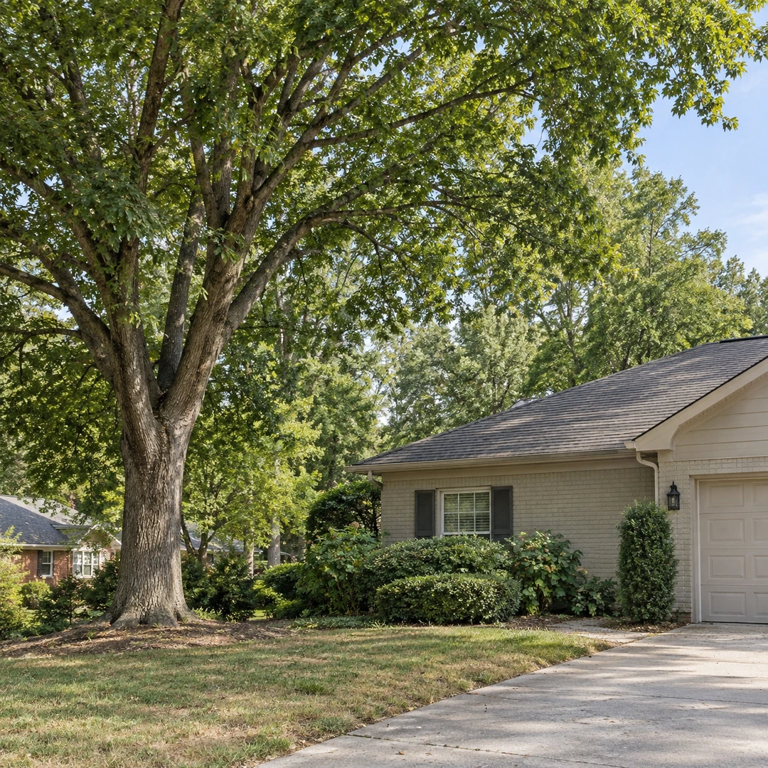 Healthy tree canopy with clearance above a residential roof
