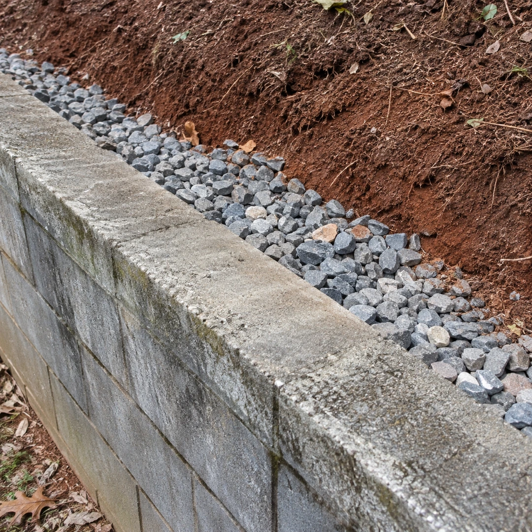 Drainage gravel behind a low block retaining wall