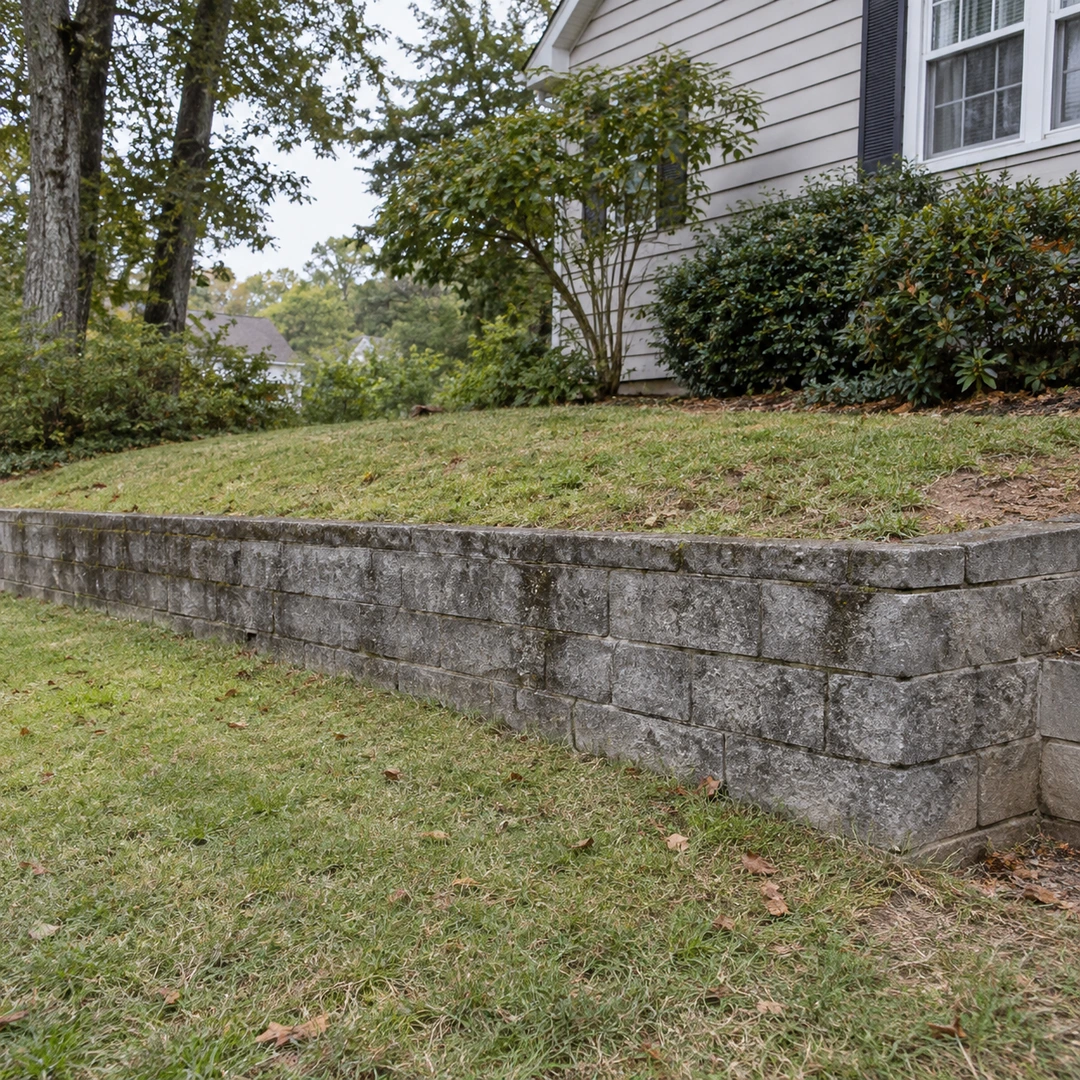 Low weathered block retaining wall on a grassy slope