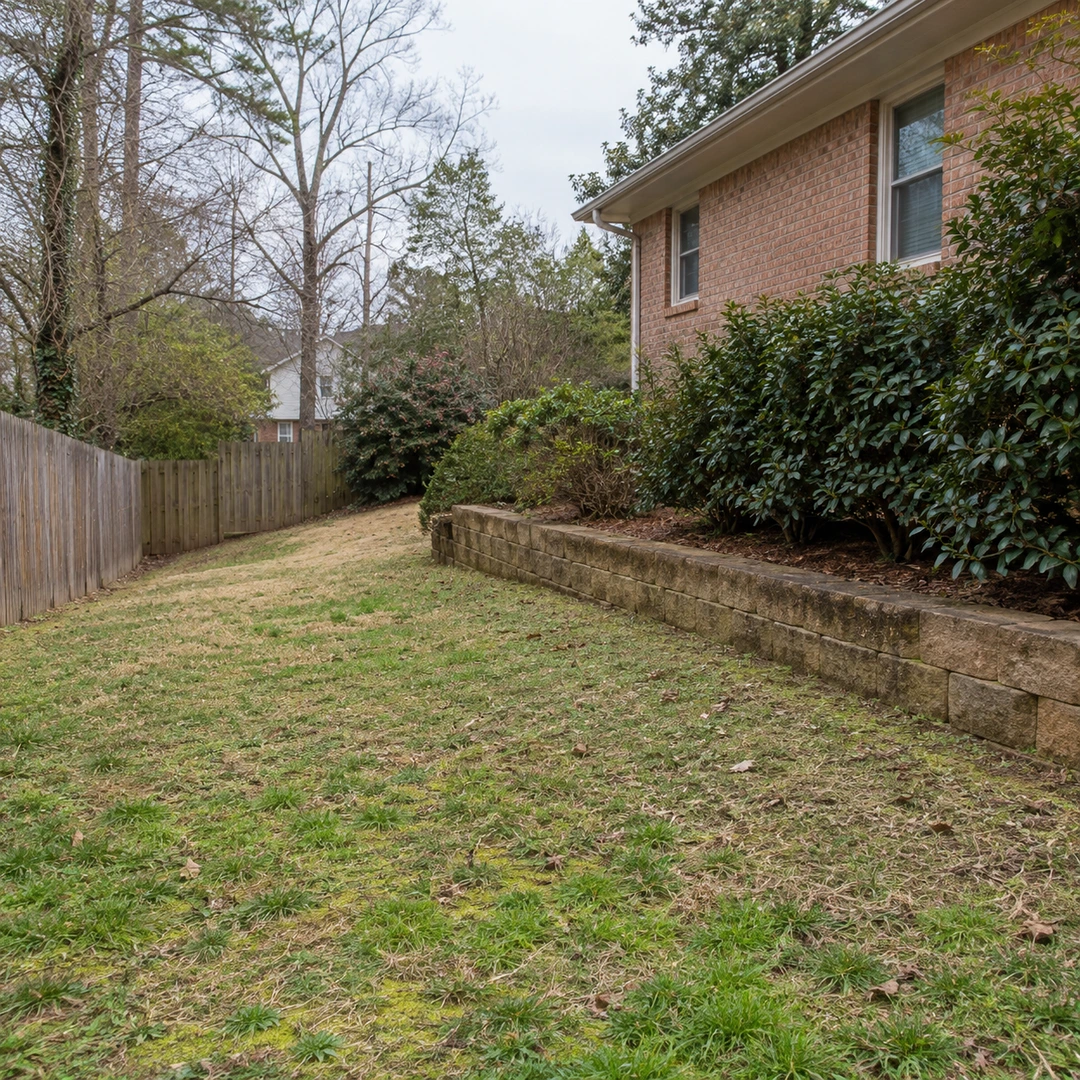Modest retaining wall beside a brick home and wooden fence