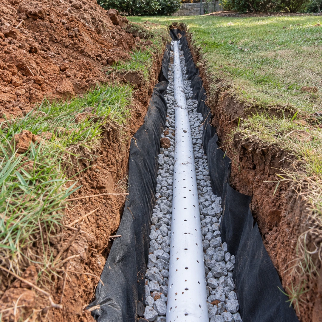 Perforated drainage pipe on gravel in a fabric lined trench
