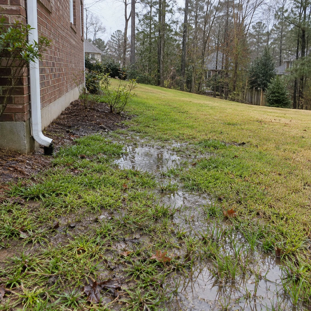 Standing water beside a brick home and downspout
