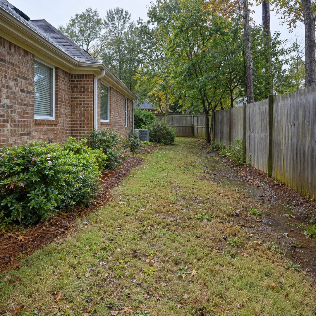 Damp residential side yard with access for drainage planning