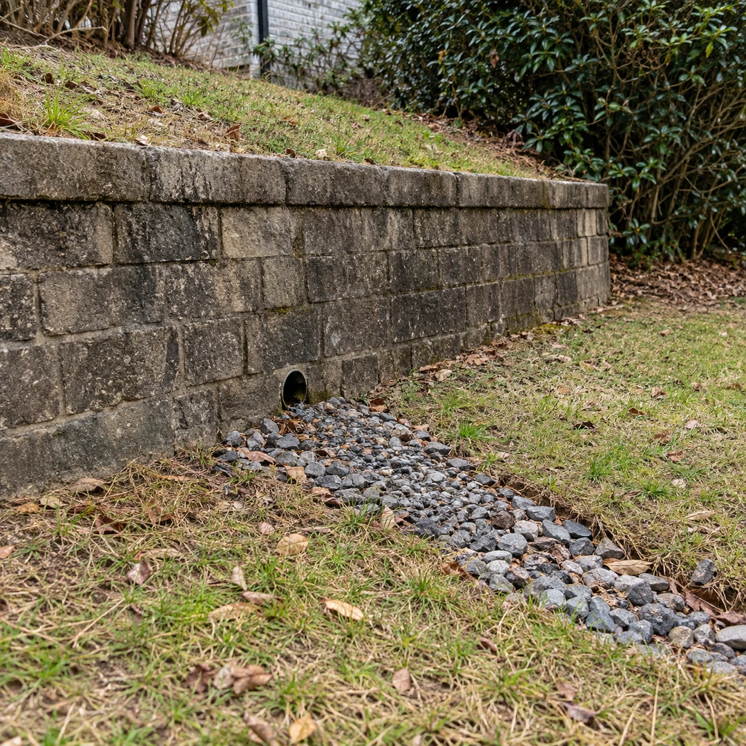 Retaining wall drainage outlet above a gravel apron