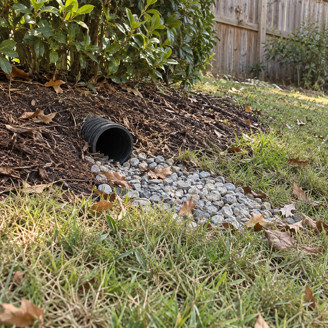 Landscape drain outlet at the edge of gravel and grass