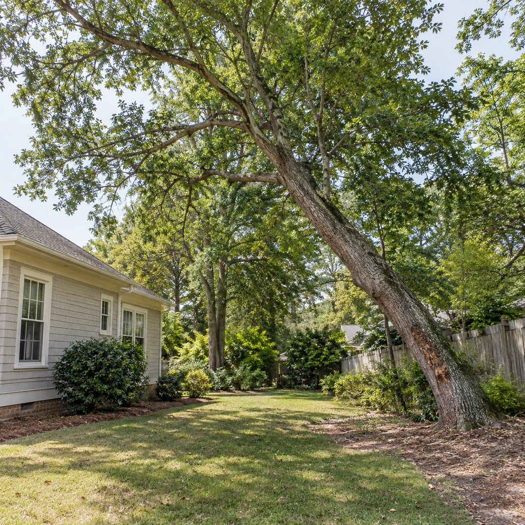 Leaning shade tree beside a home and wooden fence