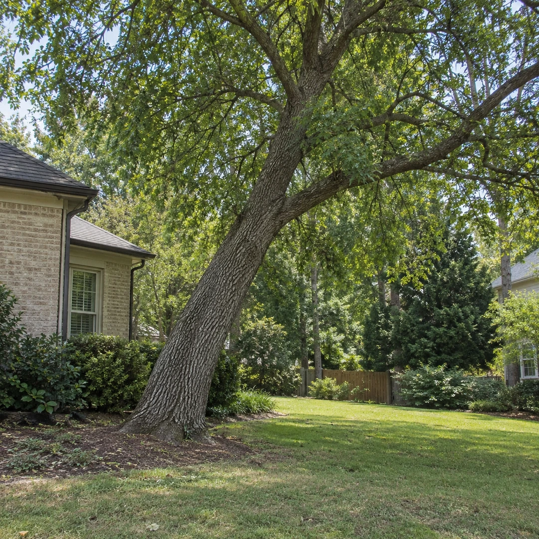 Leaning tree in an established residential side yard