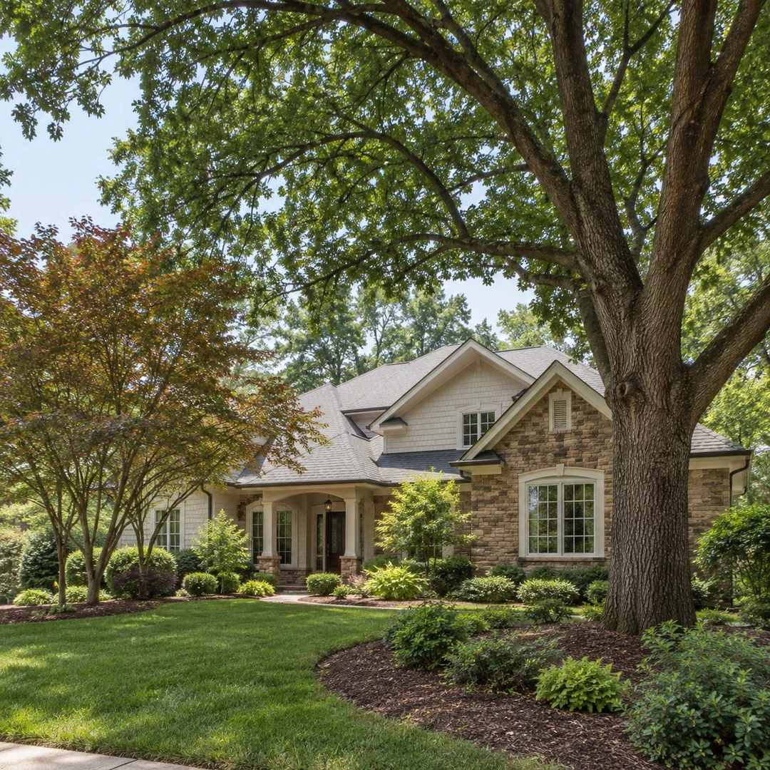 Mature shade tree and smaller ornamental tree beside a residential home