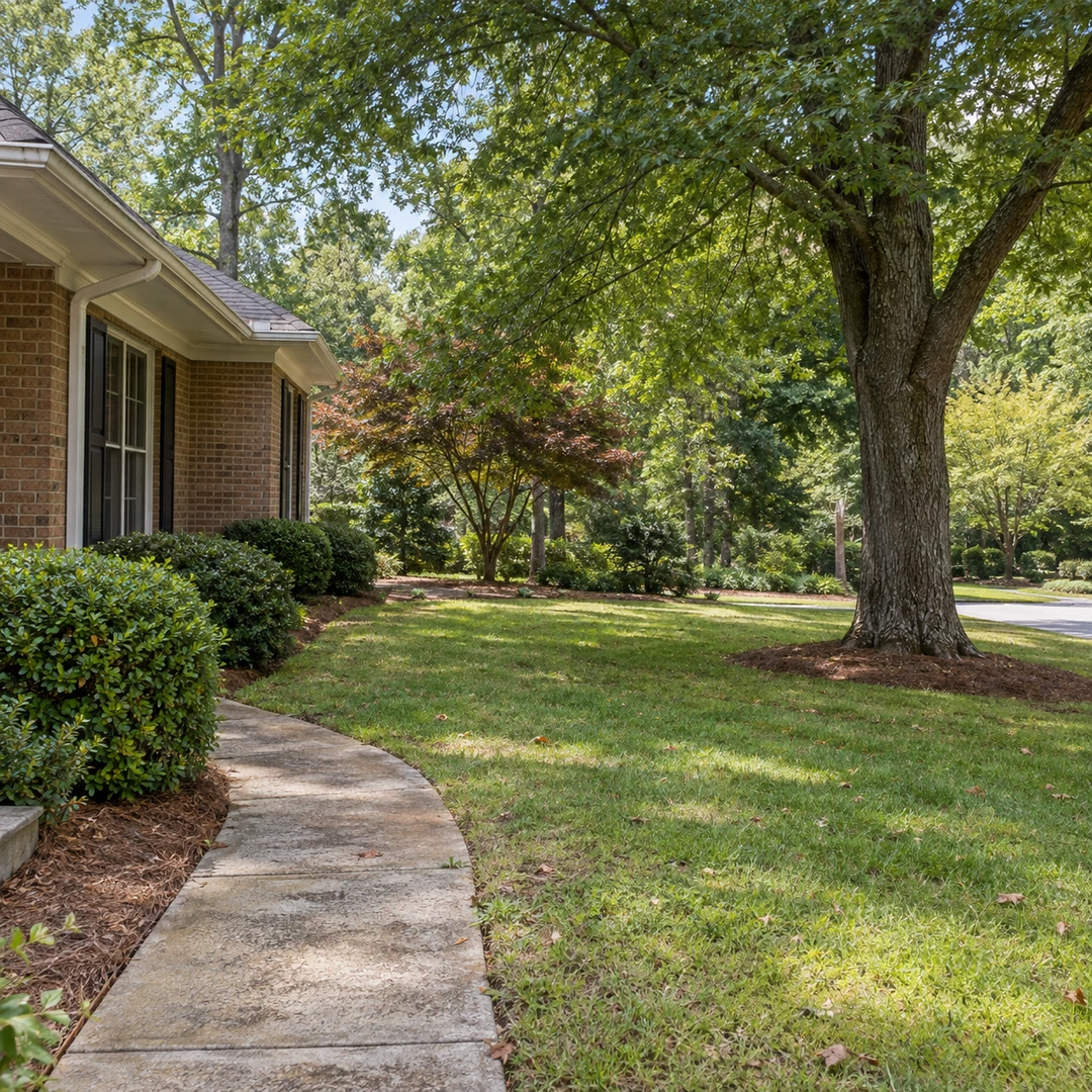 Mature tree beside a brick home and curved walkway