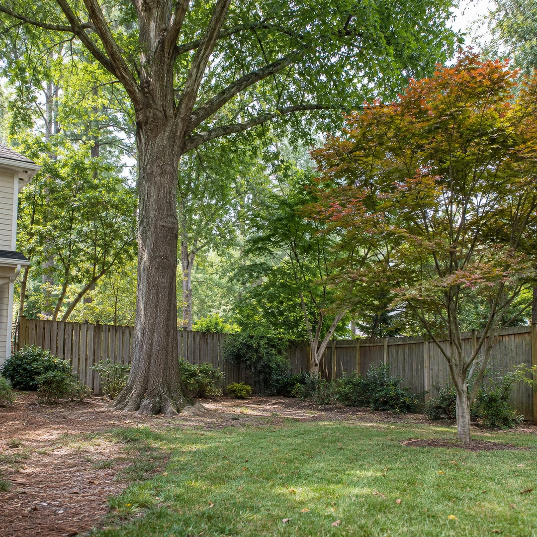 Large shade tree and smaller tree in a fenced residential yard