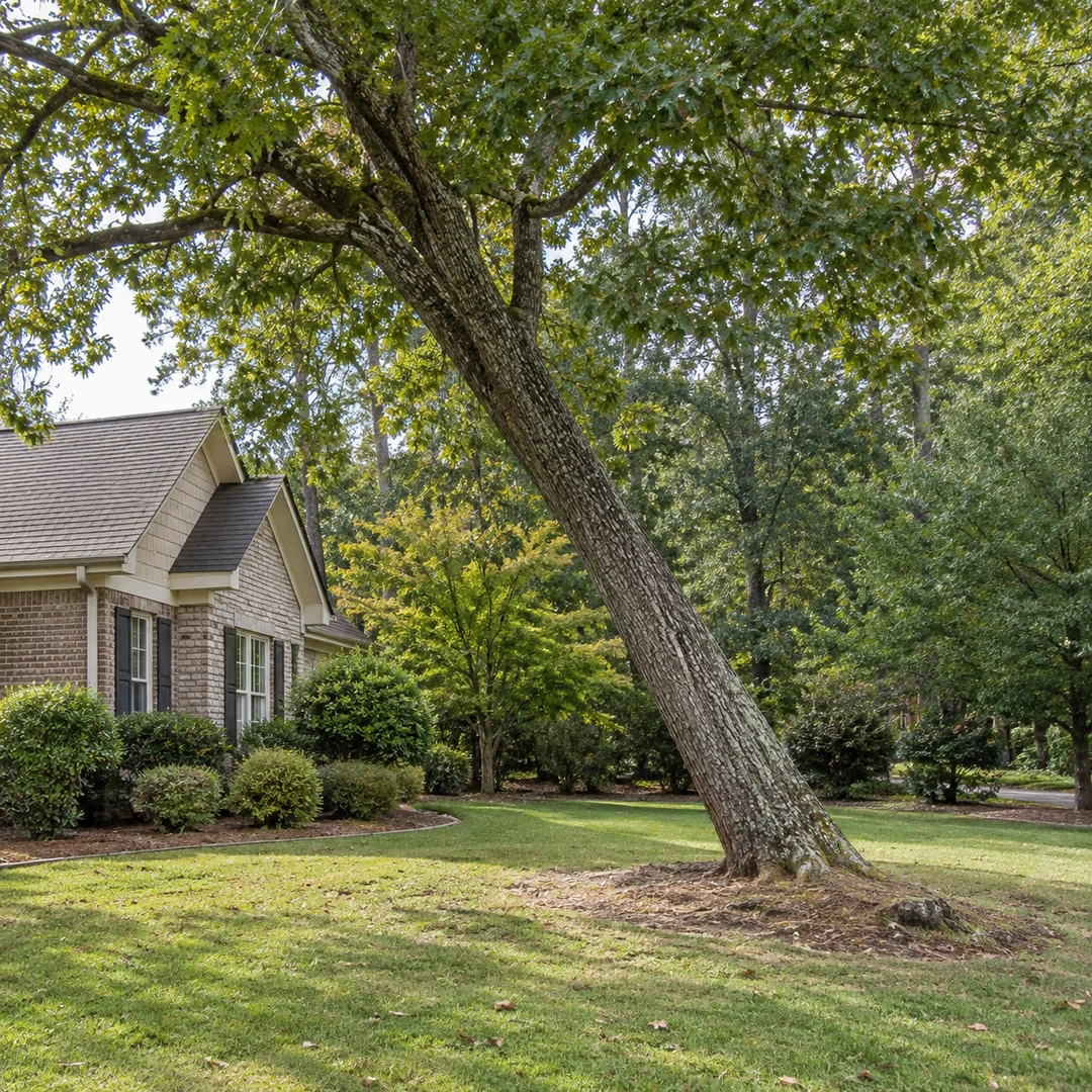 Angled mature tree with a healthy canopy in a residential yard